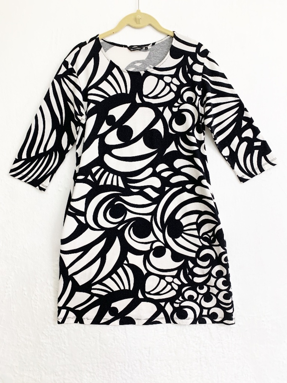 Marimekko 100% Cotton Black & White Abstract Three Quarter Sleeve Mini Dress S